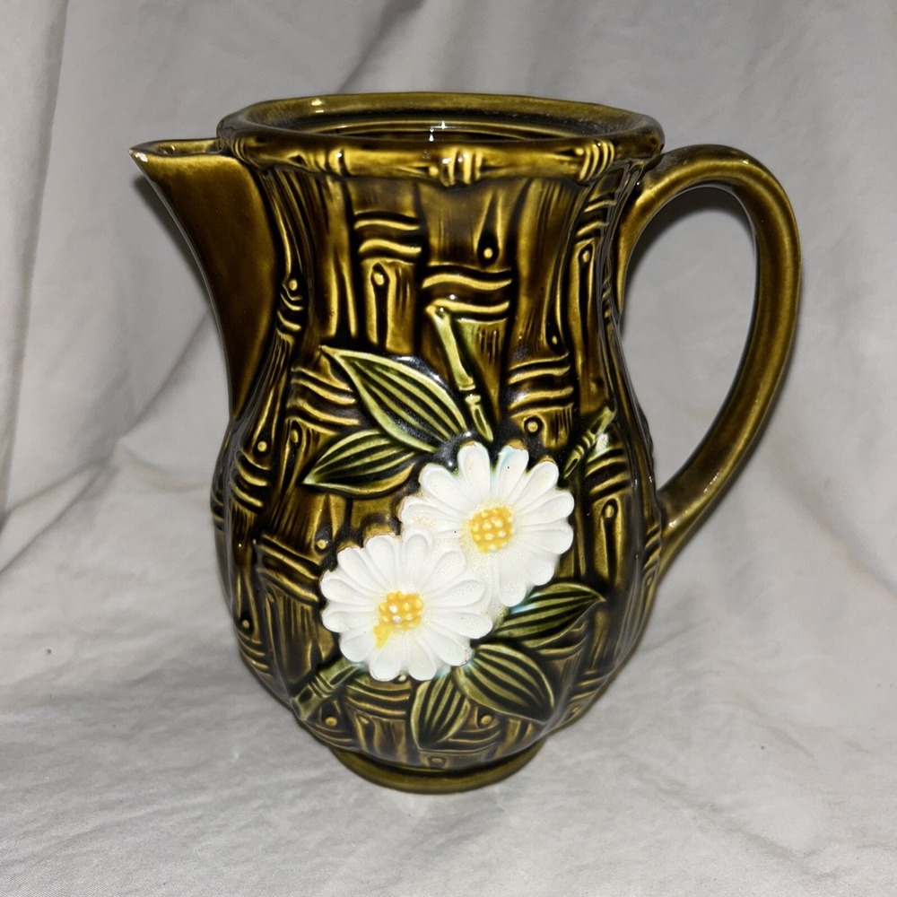 Vintage Ceramic Green Daisy Bamboo Pitcher Retro Green‎ W/ Daisies Japan MCM
